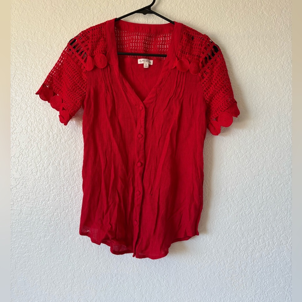 By the River Red Blouse botton-up Short sleeve Size S